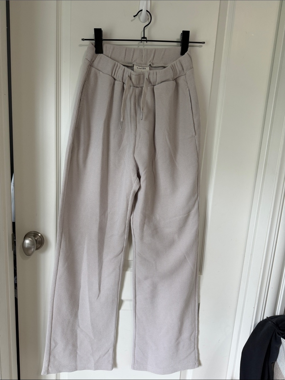 Comfrt Cozy High-Waist Waffle Joggers in Light Gray wide leg